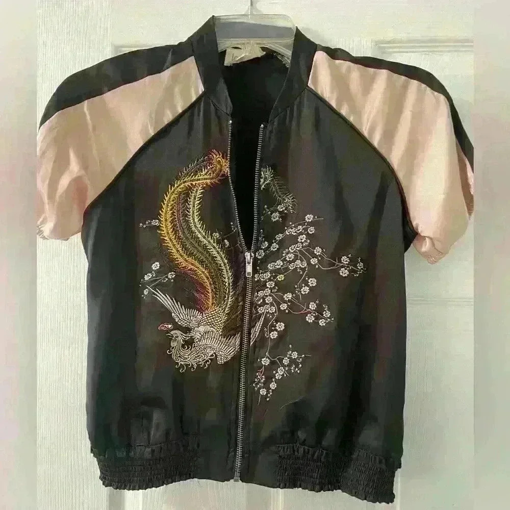 JOLT Jacket With Front Embroidery - Satin Blk & Powder Pink - B33